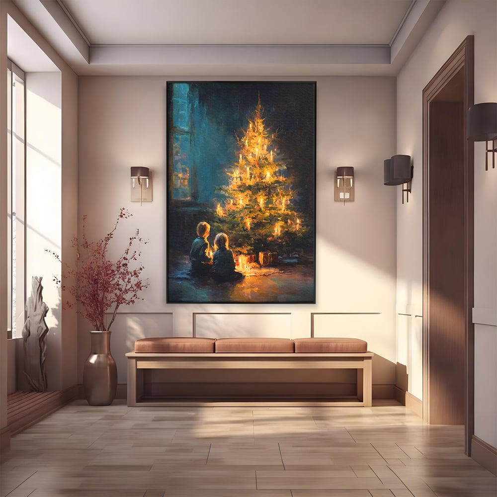 Tablou canvas cu pictura copii brad de craciun, in rama de aluminiu negru